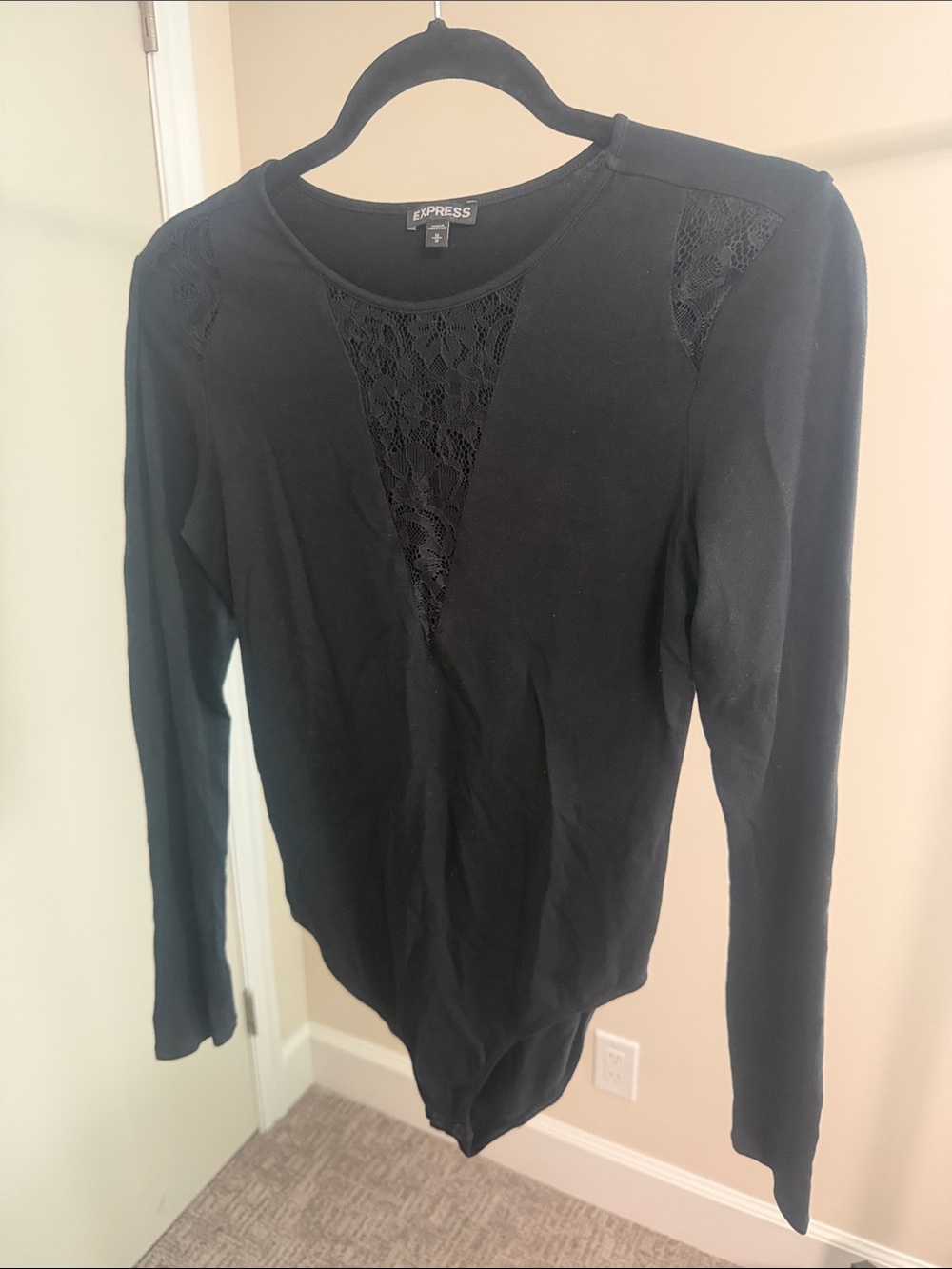 Express Black Lace-Panel Long Sleeve Bodysuit